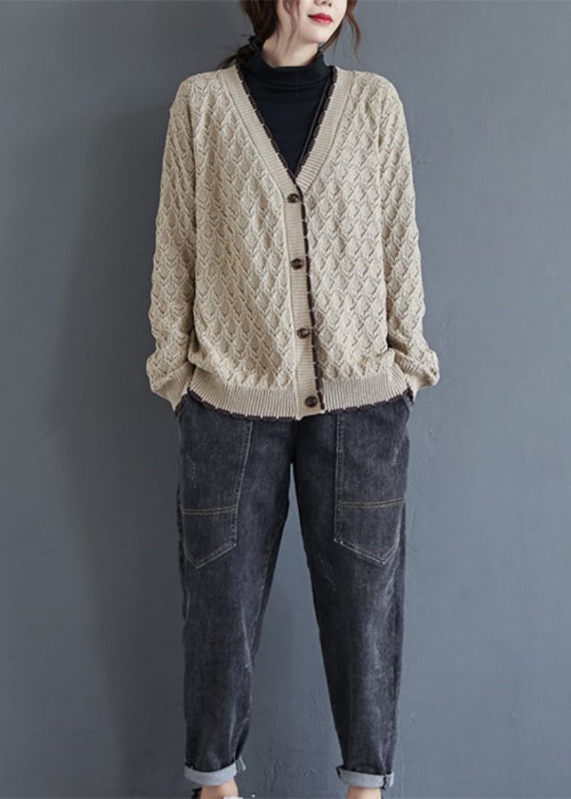 Løs Khaki V-hals Hollow Out Button Strik Cardigan Fall - Dame cardigans