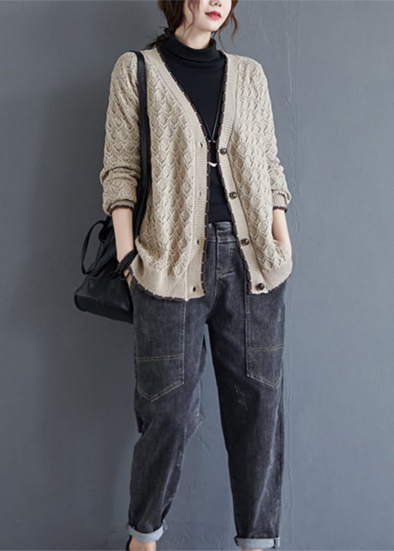 Løs Khaki V-hals Hollow Out Button Strik Cardigan Fall - Dame cardigans