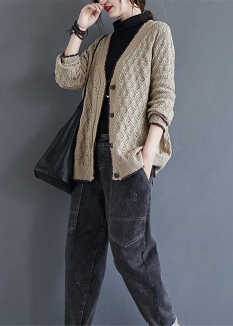 Løs Khaki V-hals Hollow Out Button Strik Cardigan Fall - Dame cardigans