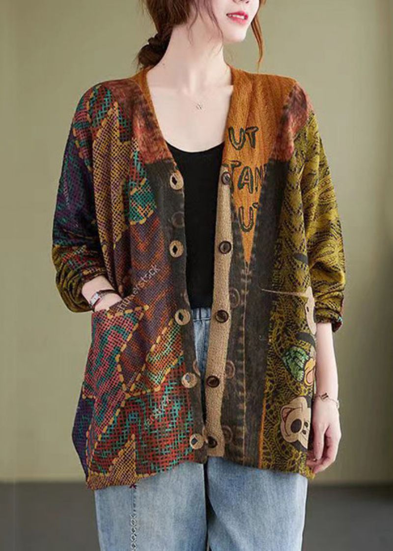 Løs Mitch Button Print Patchwork Bomuld Strik Coat Fall - Dame cardigans