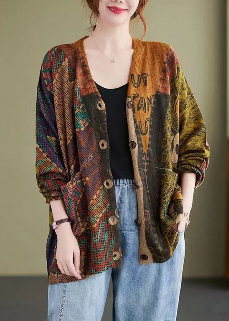 Løs Mitch Button Print Patchwork Bomuld Strik Coat Fall - Dame cardigans