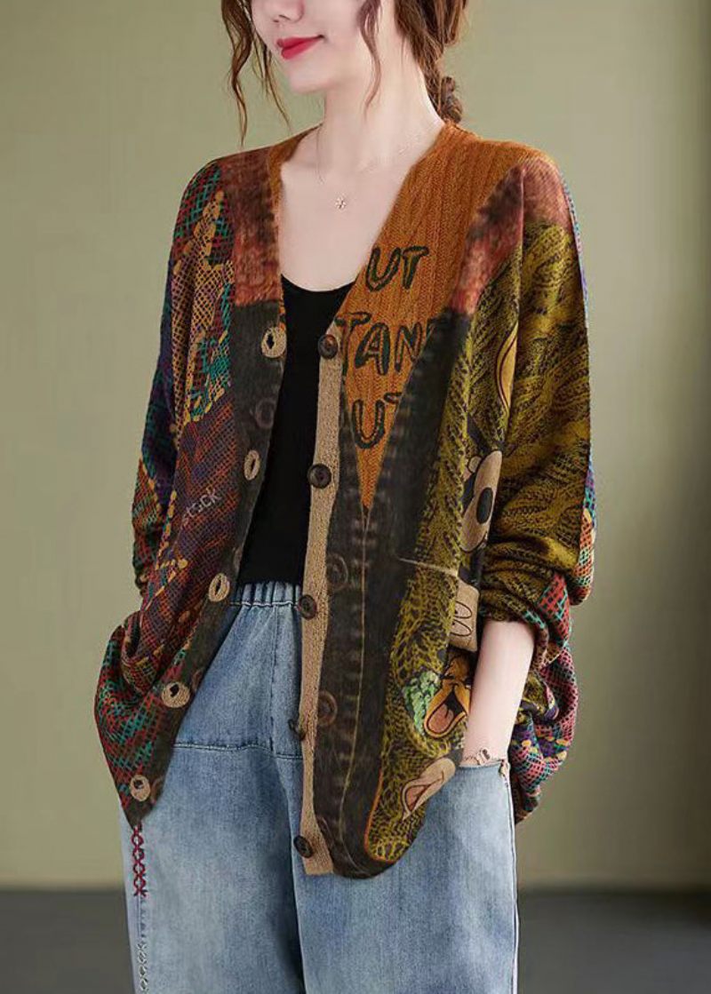 Løs Mitch Button Print Patchwork Bomuld Strik Coat Fall - Dame cardigans