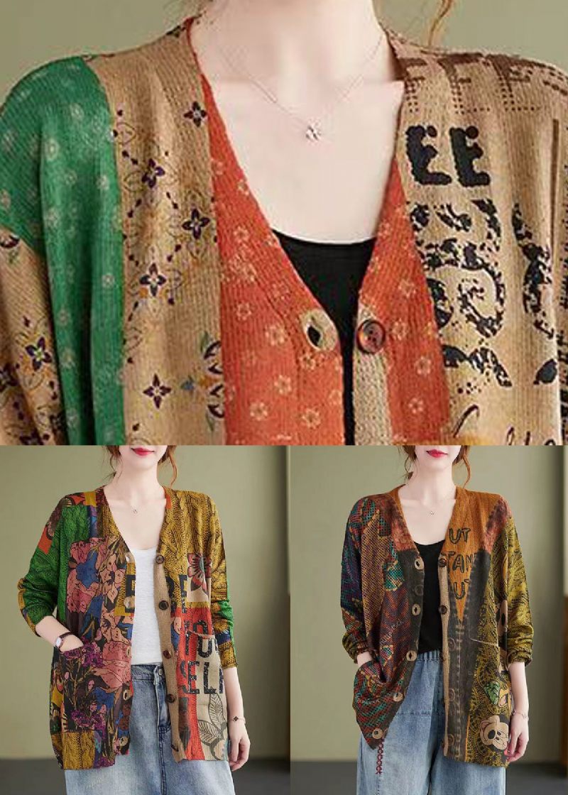 Løs Mitch Button Print Patchwork Bomuld Strik Coat Fall - Dame cardigans