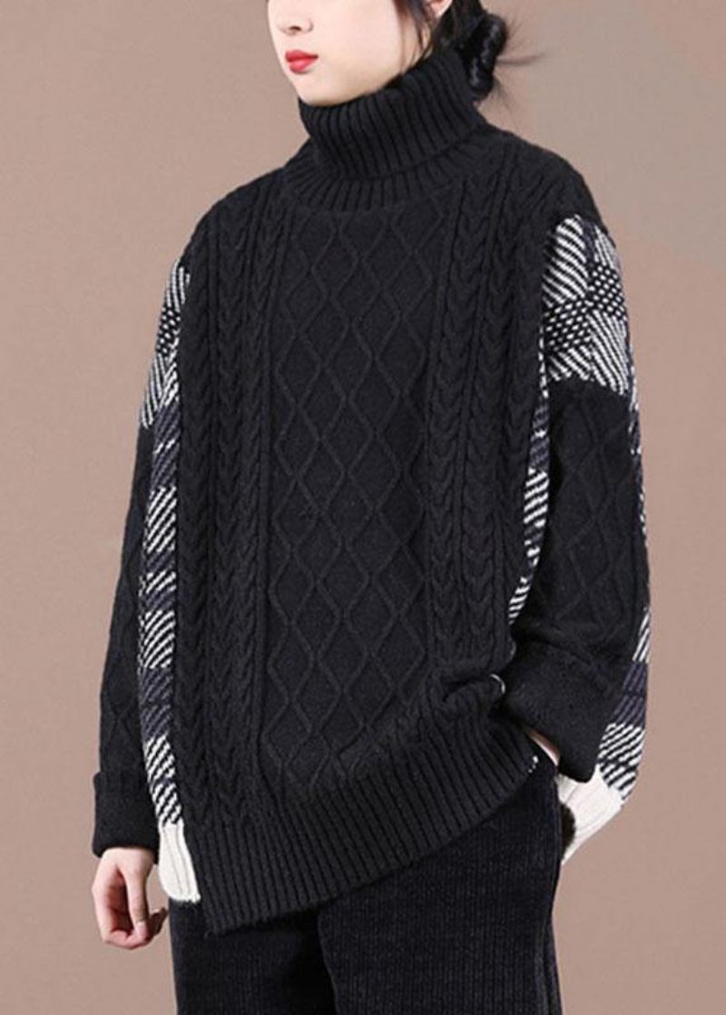 Løs Sort Patchwork Efterårsstrikket Sweater - Sort