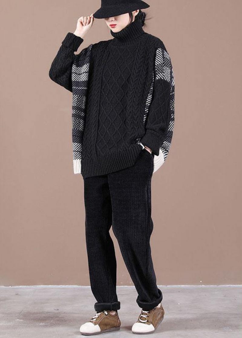 Løs Sort Patchwork Efterårsstrikket Sweater - Sort