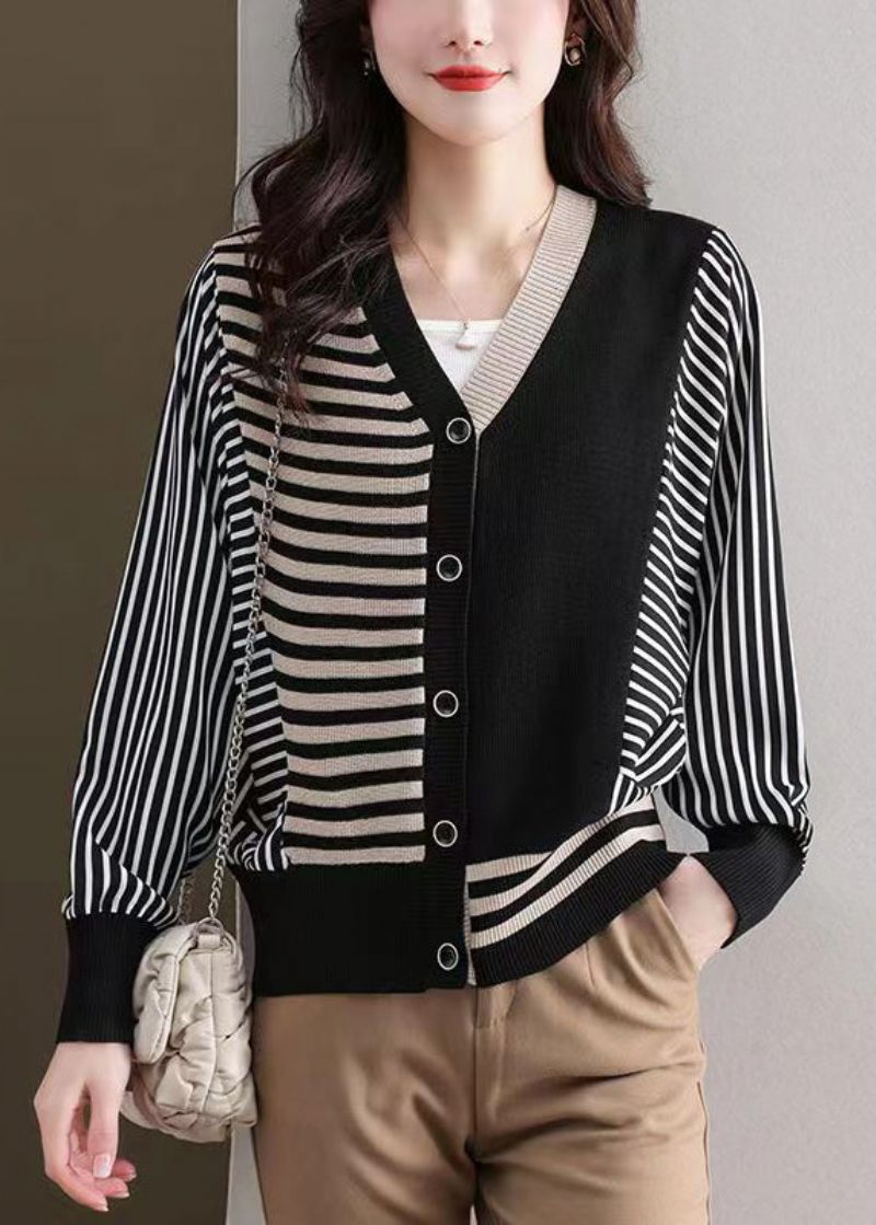 Løs Sort Stribet Knap Patchwork Strik Cardigan Fall