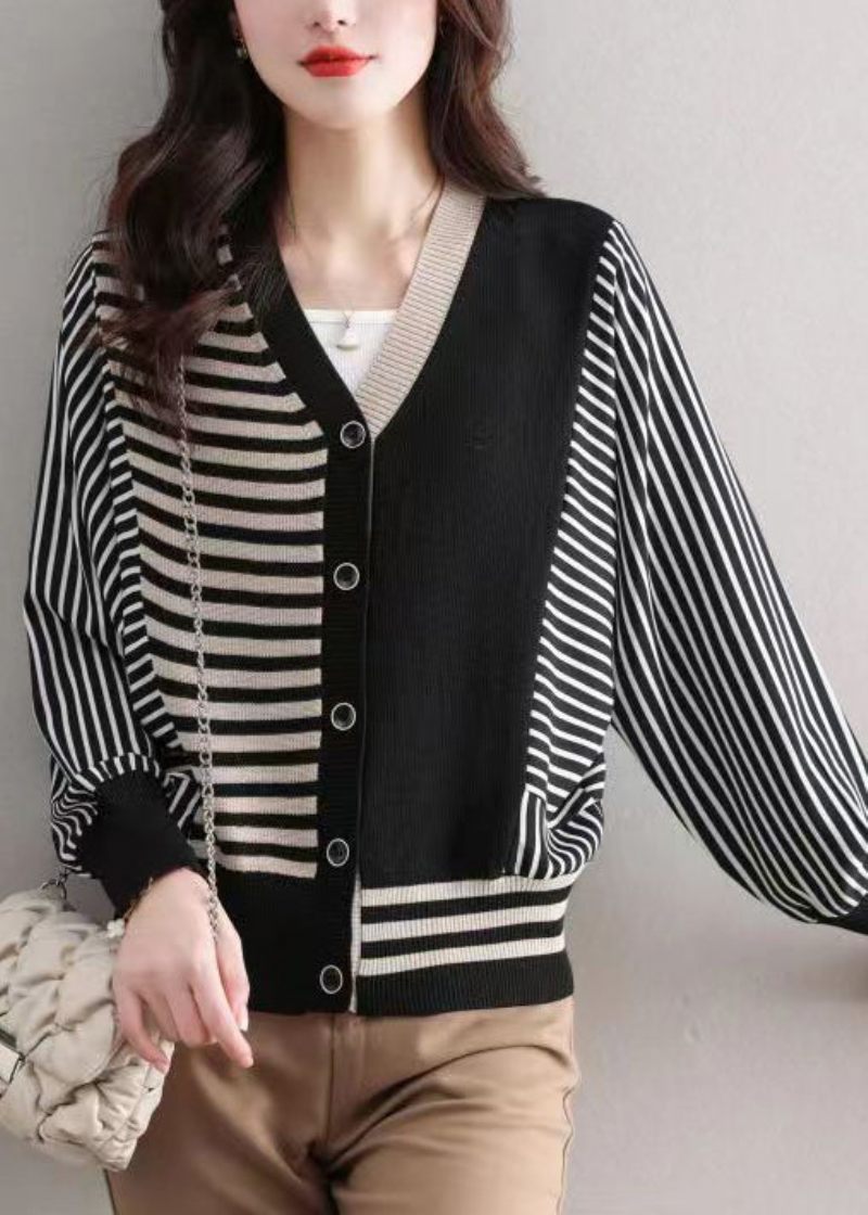 Løs Sort Stribet Knap Patchwork Strik Cardigan Fall - Dame cardigans