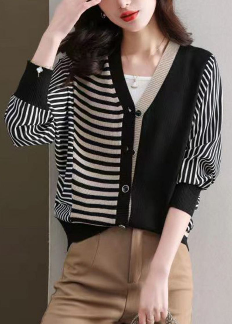 Løs Sort Stribet Knap Patchwork Strik Cardigan Fall - Dame cardigans