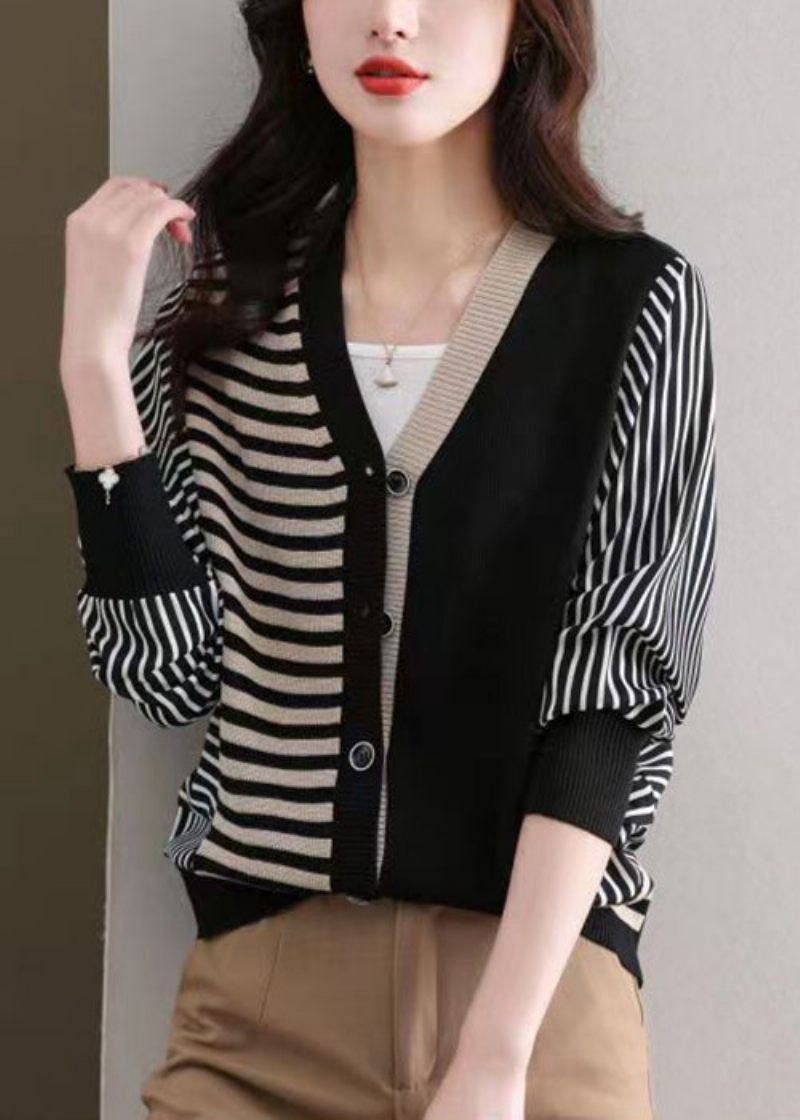 Løs Sort Stribet Knap Patchwork Strik Cardigan Fall - Dame cardigans