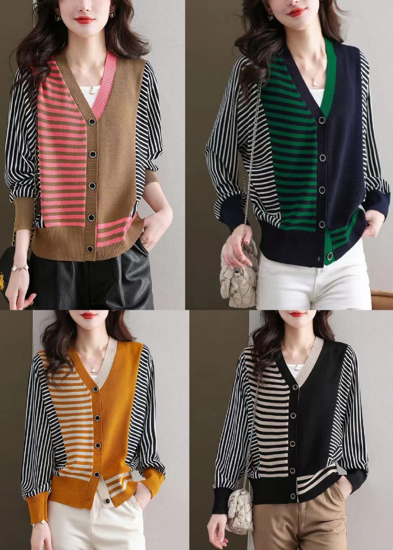 Løs Sort Stribet Knap Patchwork Strik Cardigan Fall - Dame cardigans