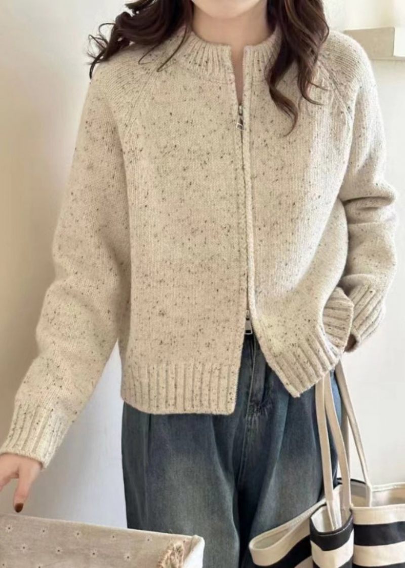 Løse Beige Patchwork Med Lynlås Cozy Knit Coats Langærmede