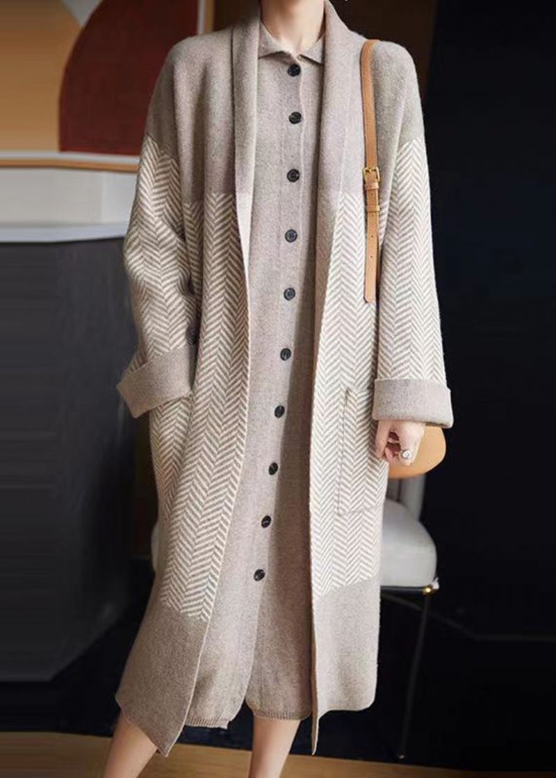 Løse Beige V-halslommer Patchwork Løs Lang Frakke Efterår - Dame cardigans