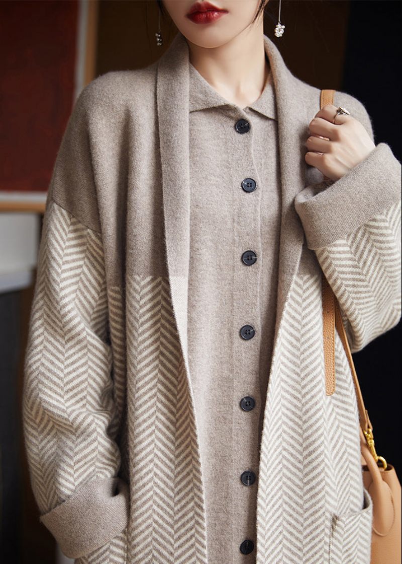 Løse Beige V-halslommer Patchwork Løs Lang Frakke Efterår - Dame cardigans