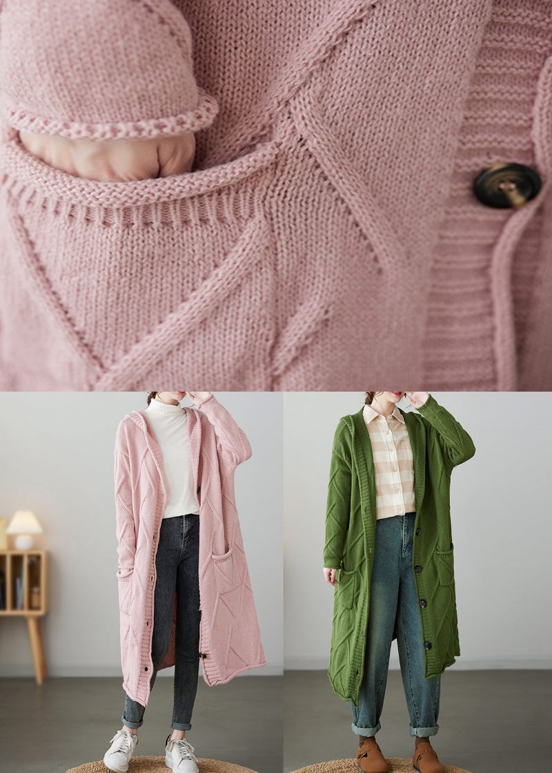 Løse Grønne Hættelommer Patchwork Strik Cardigan Frakke Efterår - Dame cardigans