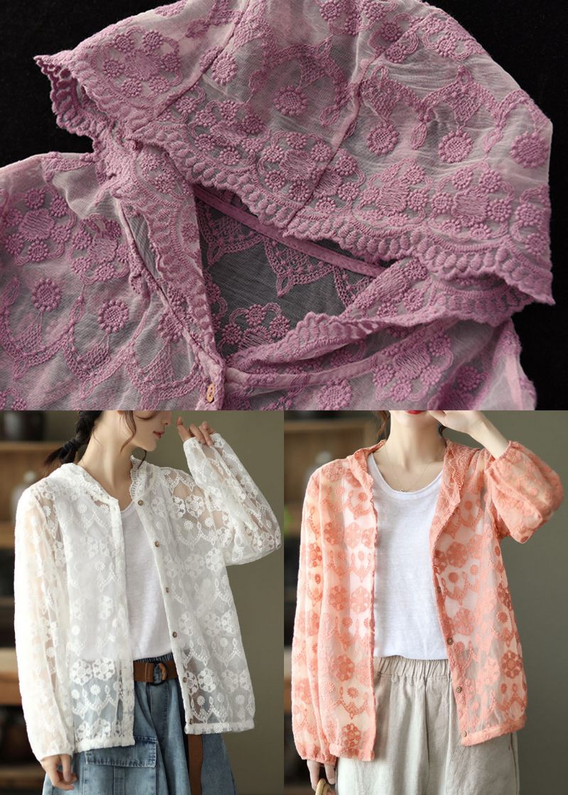 Løse Lyserøde Broderede Patchwork-blondecardigans Med Lange Ærmer - Pink