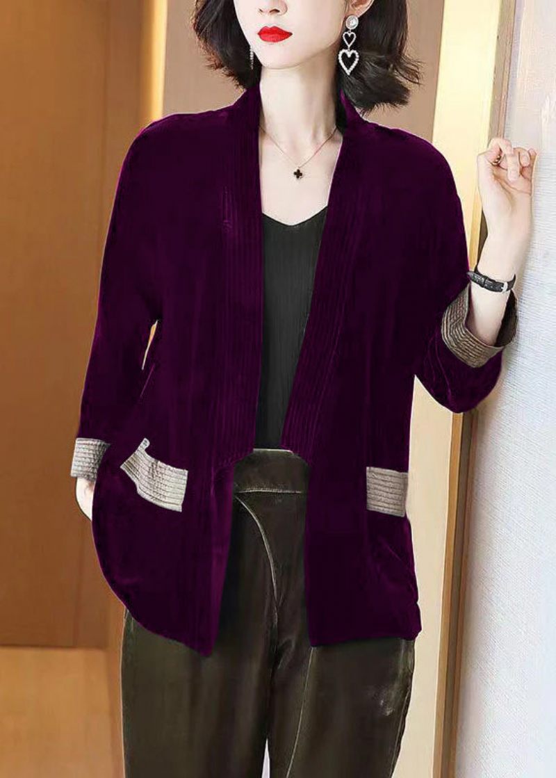 Løse Sorte V-halslommer Patchwork Silke Velour Cardigans Armbånd Ærme - Dame cardigans