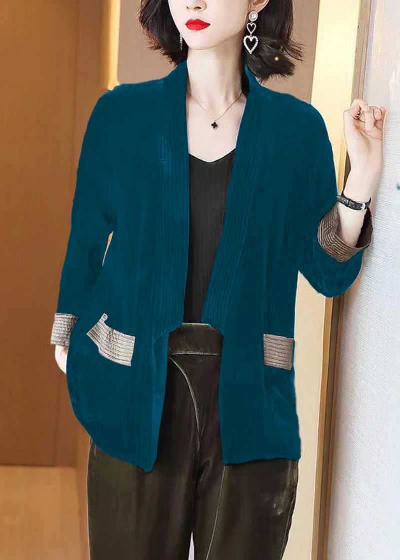 Løse Sorte V-halslommer Patchwork Silke Velour Cardigans Armbånd Ærme - Dame cardigans