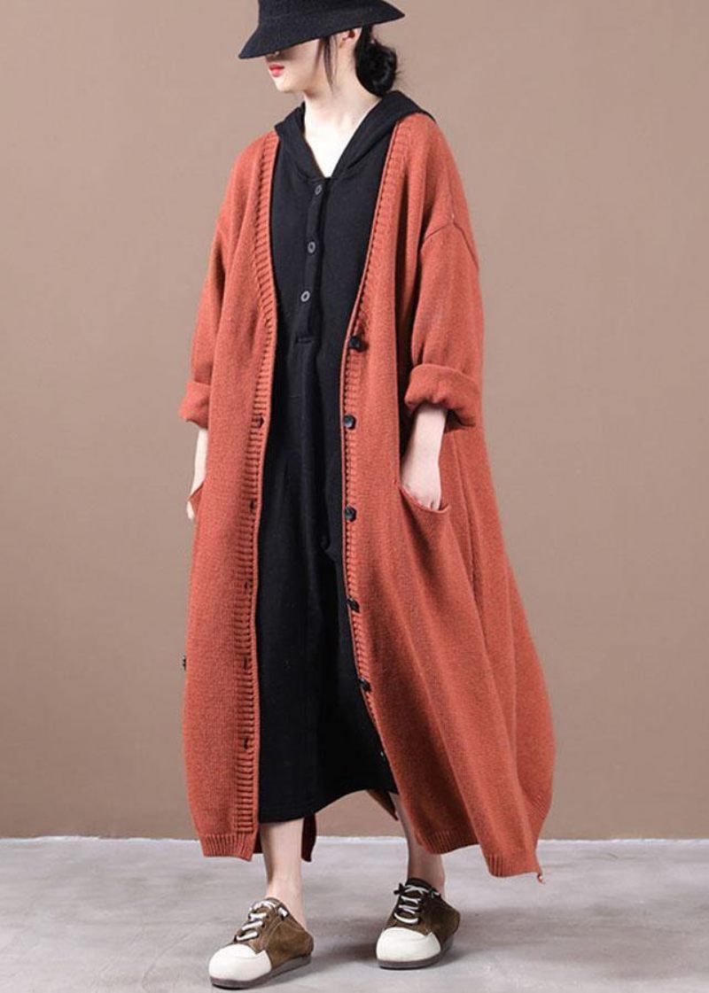 Luksus Orange Rød Lommer Fall Long Knit Coat