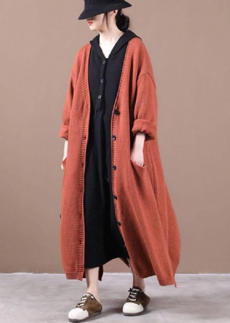 Luksus Orange Rød Lommer Fall Long Knit Coat