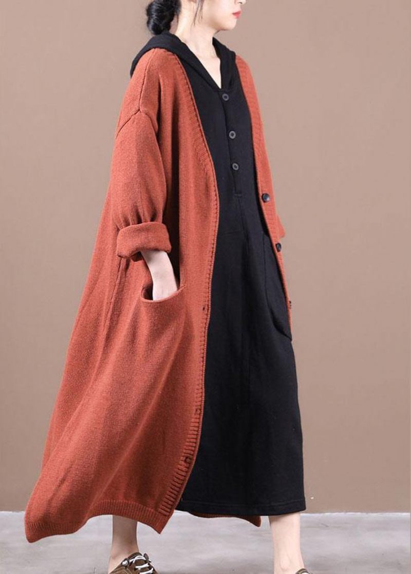 Luksus Orange Rød Lommer Fall Long Knit Coat - Mørkegrå