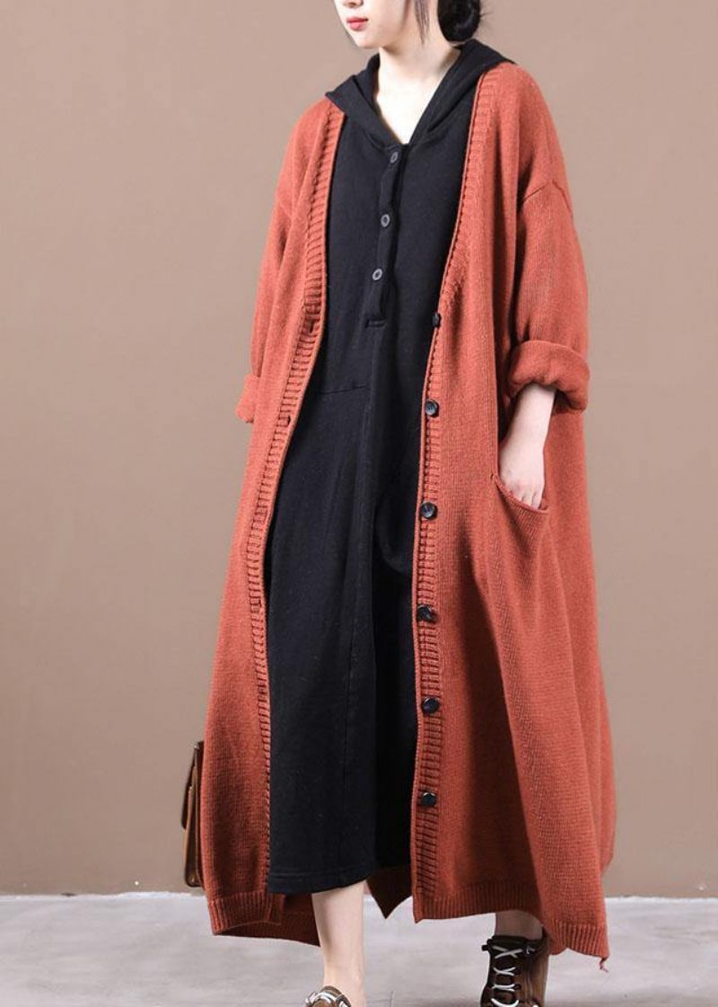 Luksus Orange Rød Lommer Fall Long Knit Coat - Mørkegrå