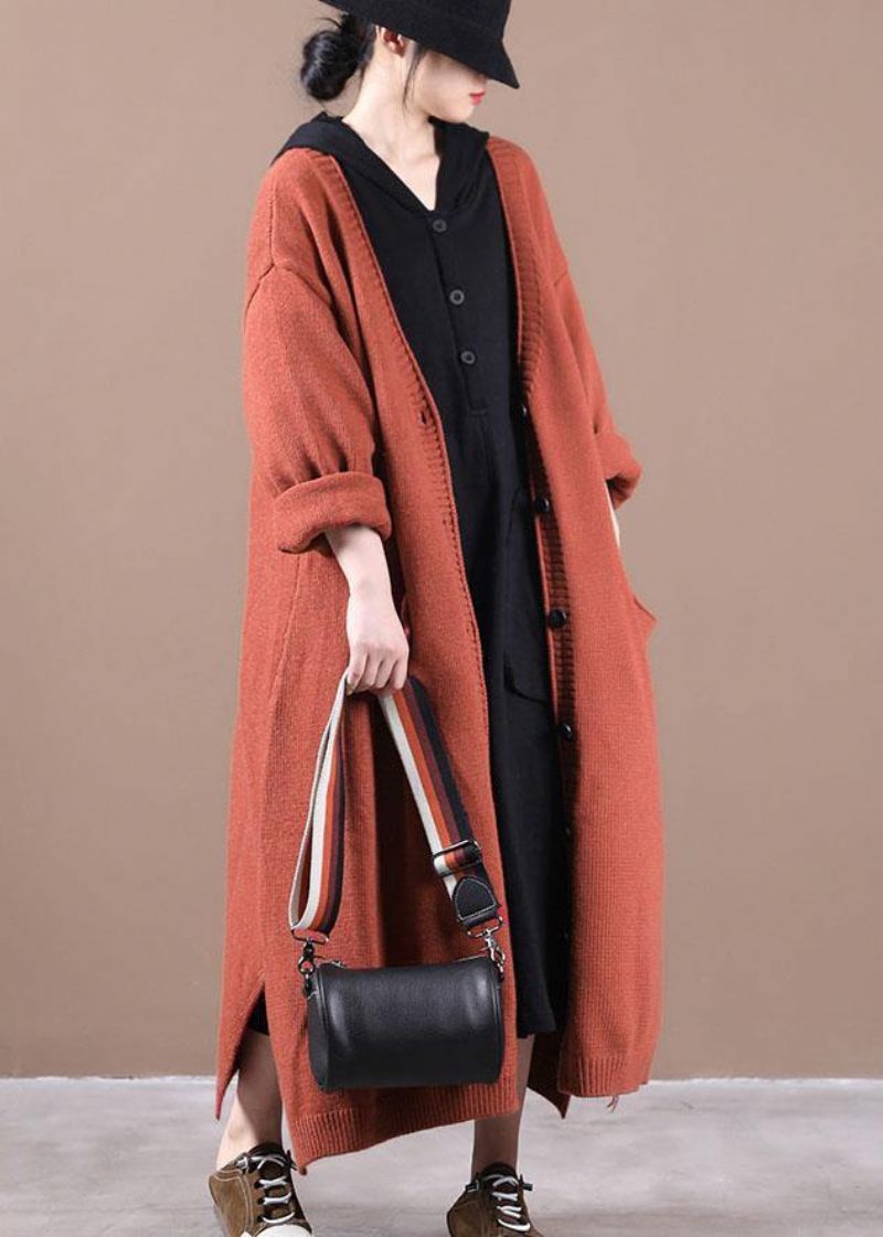 Luksus Orange Rød Lommer Fall Long Knit Coat - Mørkegrå