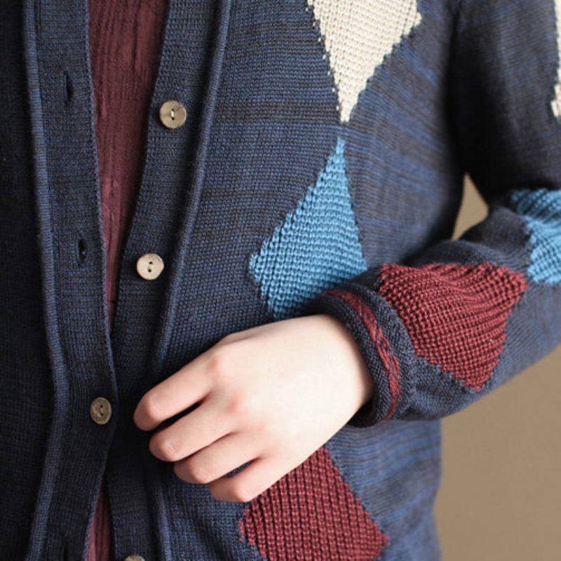 Marineblå Patchwork Uld Strik Cardigans Afslappet Løs Langærmet Sweater Udtøj - Dame cardigans