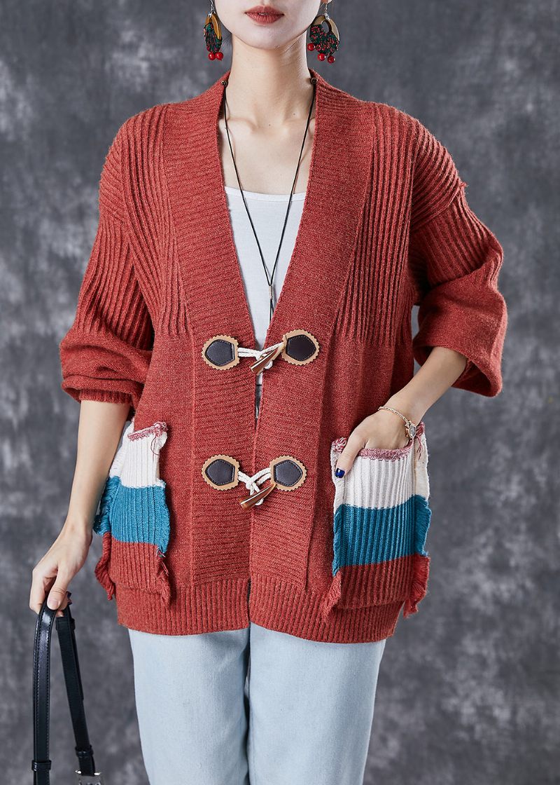 Mode Rød Oversized Patchwork Lommer Strik Cardigan Fall