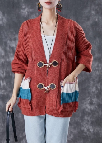 Mode Rød Oversized Patchwork Lommer Strik Cardigan Fall