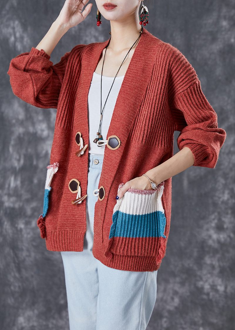 Mode Rød Oversized Patchwork Lommer Strik Cardigan Fall - Dame cardigans