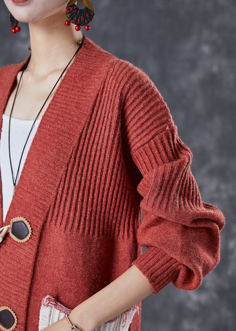 Mode Rød Oversized Patchwork Lommer Strik Cardigan Fall - Dame cardigans