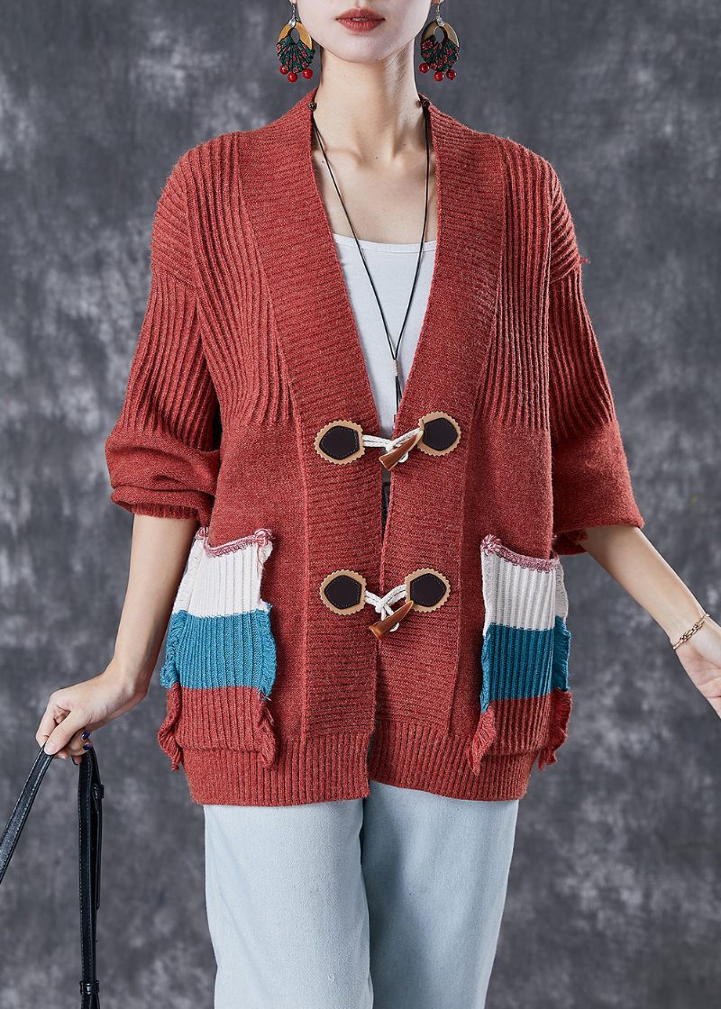 Mode Rød Oversized Patchwork Lommer Strik Cardigan Fall - Dame cardigans