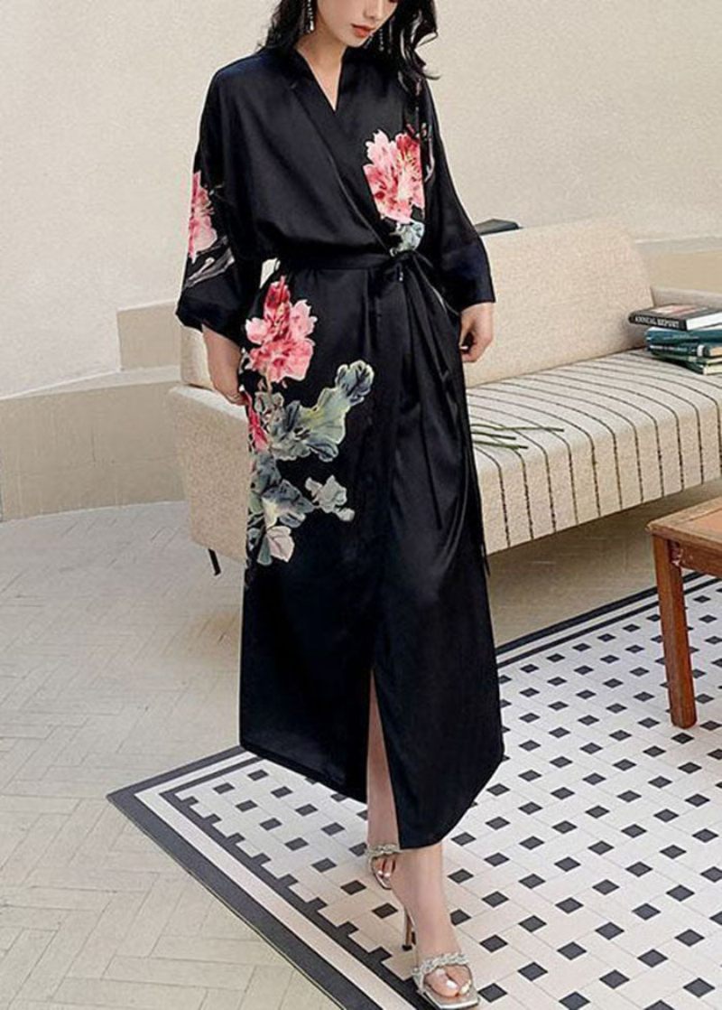 Mode Sort Oversized Print Ice Silk Løs Robe Sommer