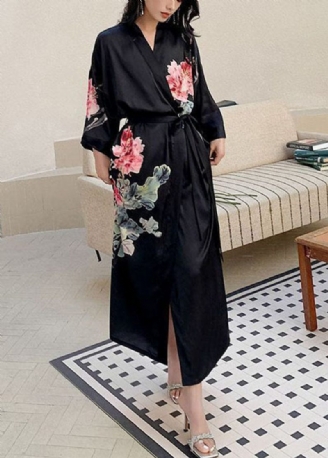 Mode Sort Oversized Print Ice Silk Løs Robe Sommer