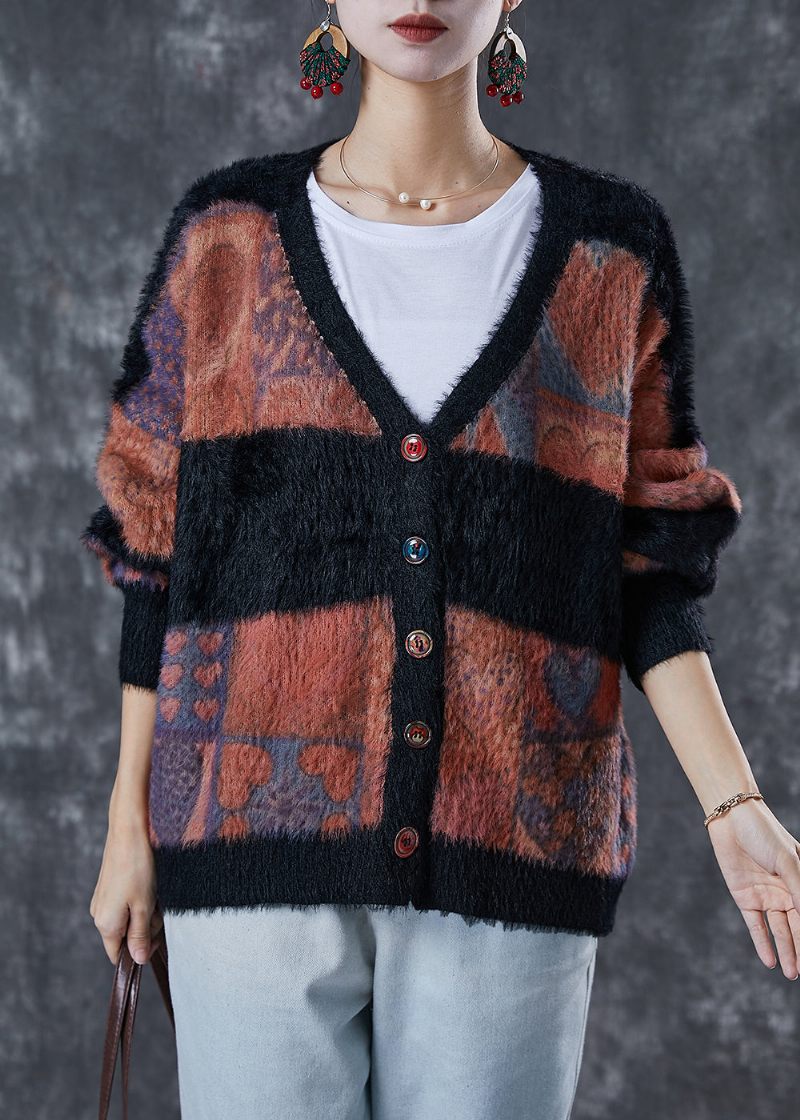 Moderne Colorblock Oversized Tykt Mink-hår Strikket Cardigan Vinter - Dame cardigans