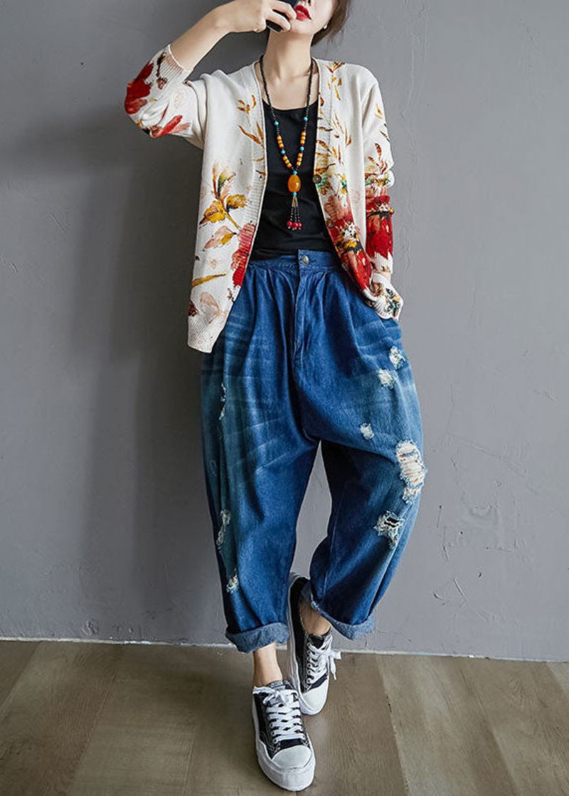 Moderne Hvid Oversized Tie Dye Knit Cardigan Winter - Dame cardigans