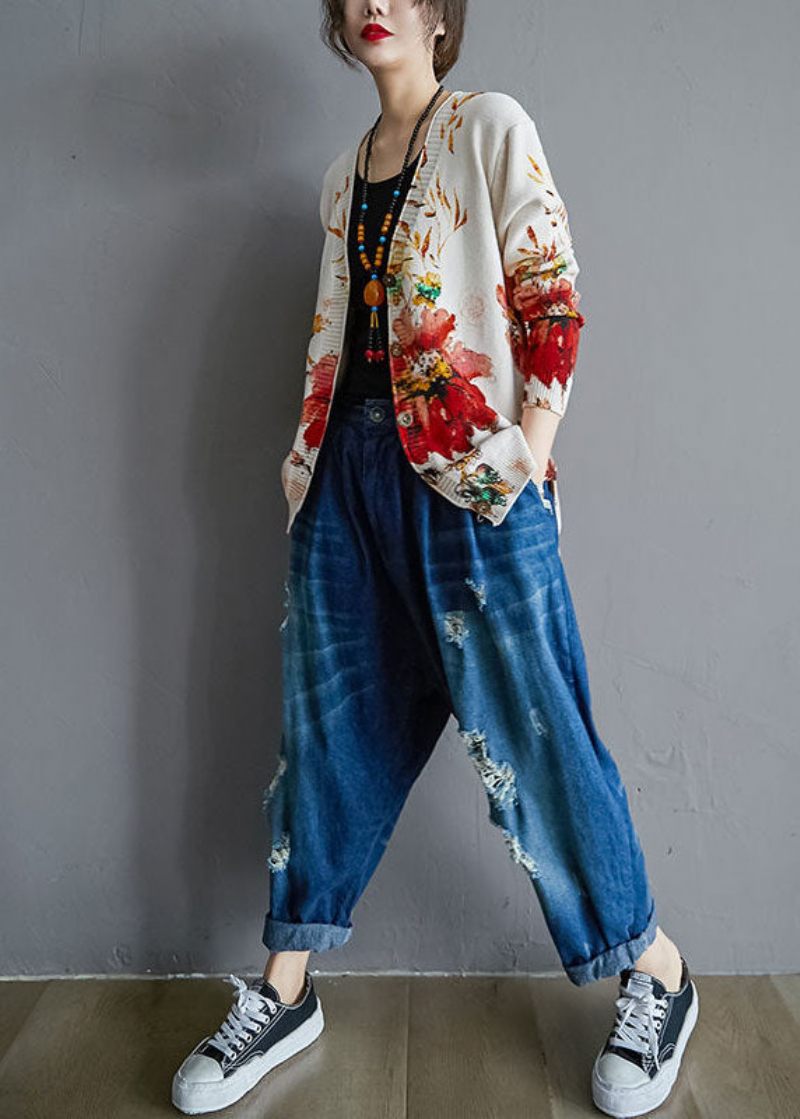 Moderne Hvid Oversized Tie Dye Knit Cardigan Winter - Dame cardigans