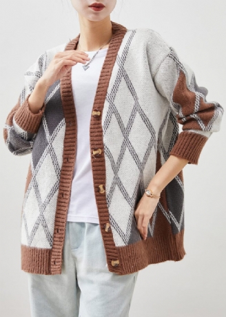 Moderne Khaki Oversized Plaid Strik Jakke Spring