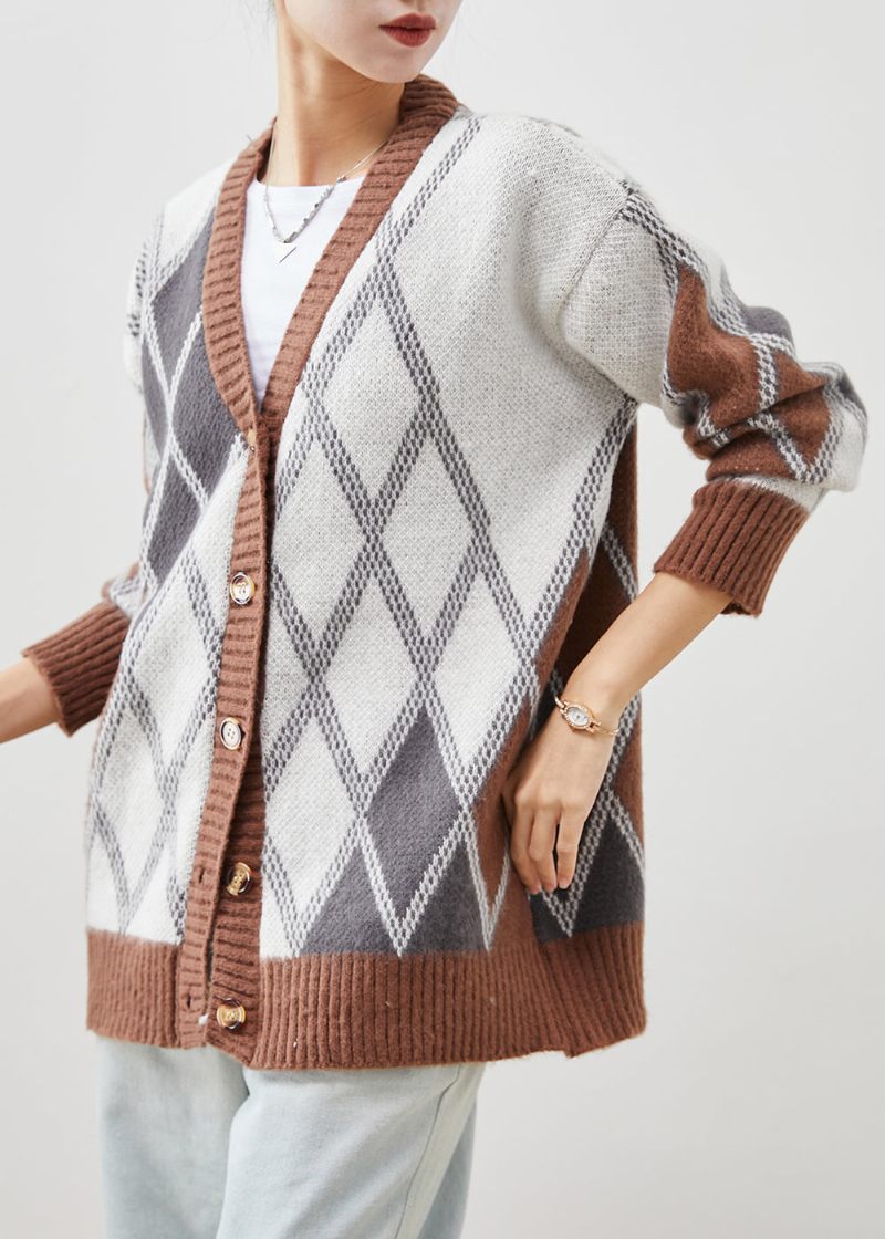 Moderne Khaki Oversized Plaid Strik Jakke Spring - Dame cardigans