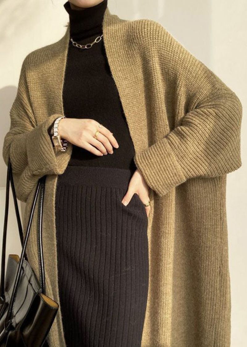 Moderne Khaki Oversized Tyk Hyggelig Strik Lang Cardigan Forår