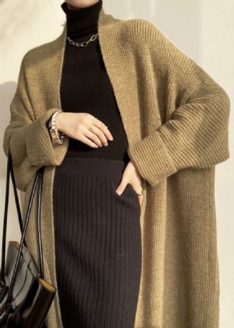 Moderne Khaki Oversized Tyk Hyggelig Strik Lang Cardigan Forår