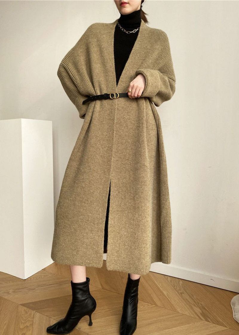 Moderne Khaki Oversized Tyk Hyggelig Strik Lang Cardigan Forår - Dame cardigans