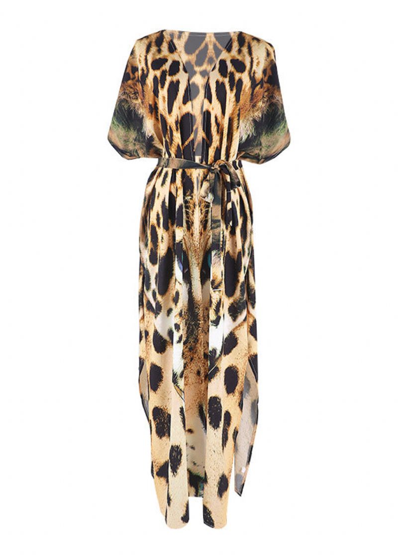 Moderne Leopard V-hals Print Tie Talje Lang Smock Sommer - Dame cardigans