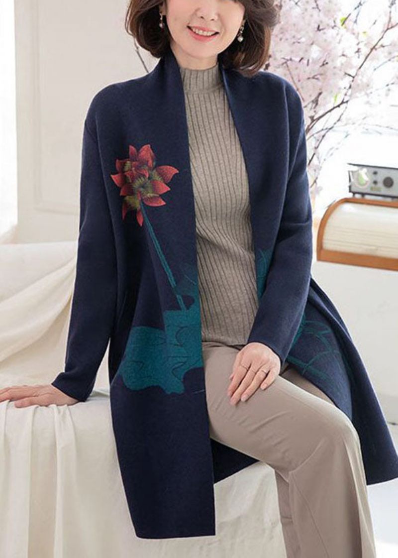 Moderne Navy Lommer Blomsterprint Uldne Cardigans Lange Ærmer - Dame cardigans