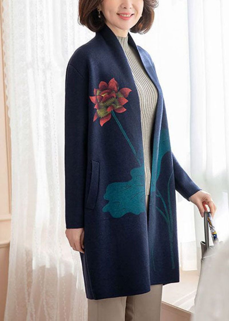 Moderne Navy Lommer Blomsterprint Uldne Cardigans Lange Ærmer - Dame cardigans