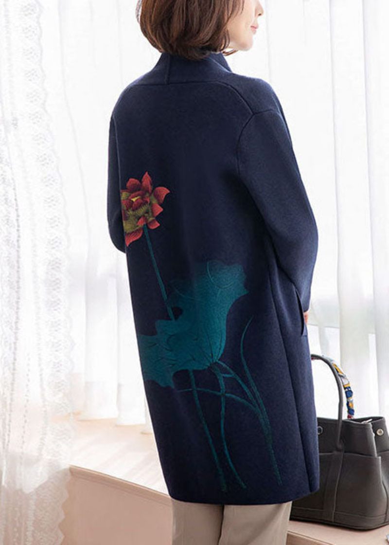 Moderne Navy Lommer Blomsterprint Uldne Cardigans Lange Ærmer - Dame cardigans