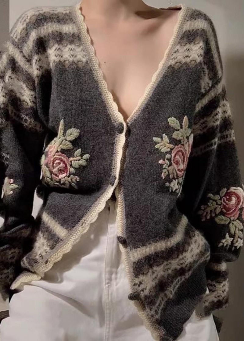 Monterede Grå Broderede Blomsterstrikkede Cardigans Forår - Dame cardigans