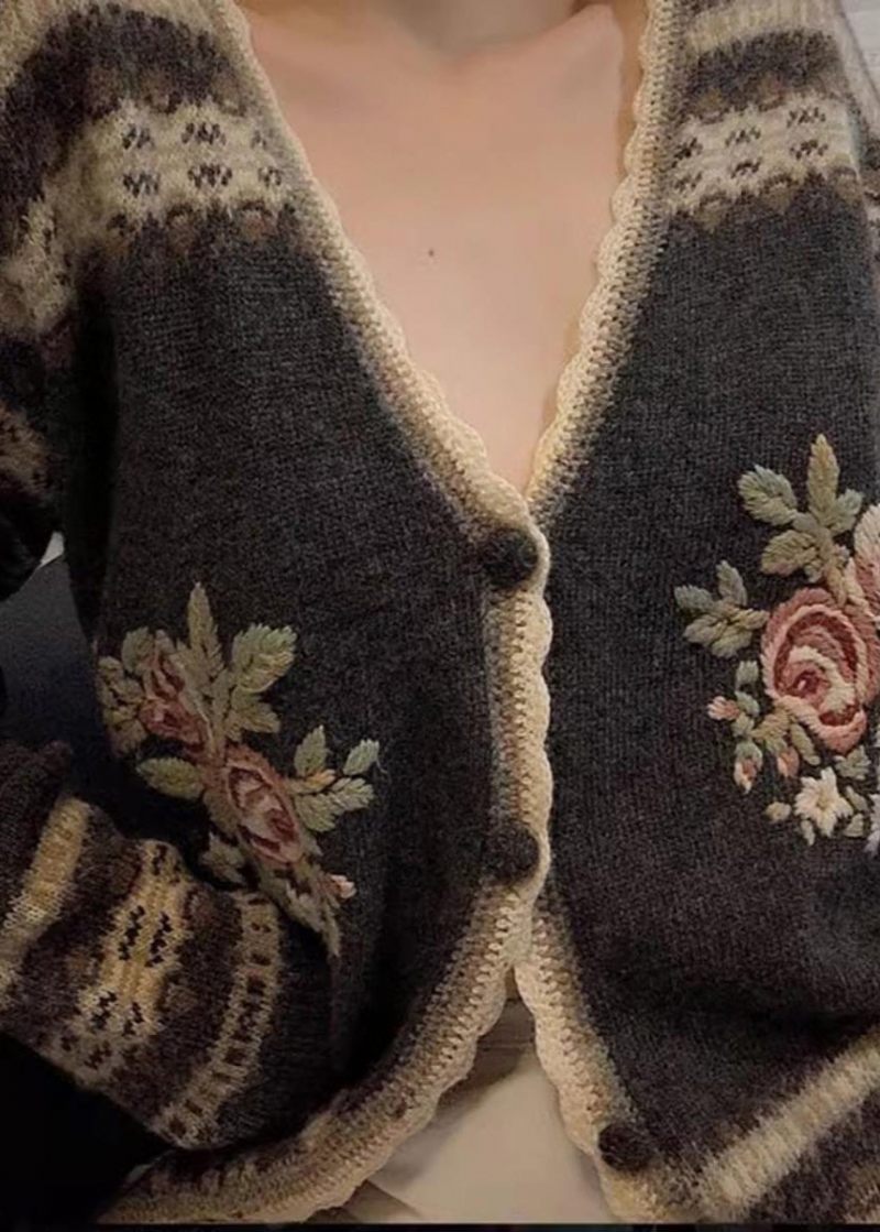 Monterede Grå Broderede Blomsterstrikkede Cardigans Forår - Dame cardigans