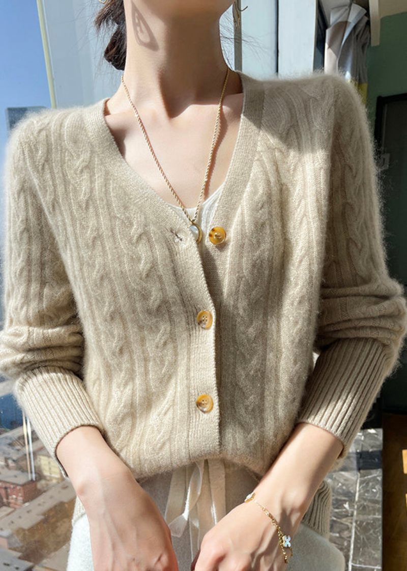 Monteret Abrikos V-hals Knap Cashmere Cardigan Fjeder