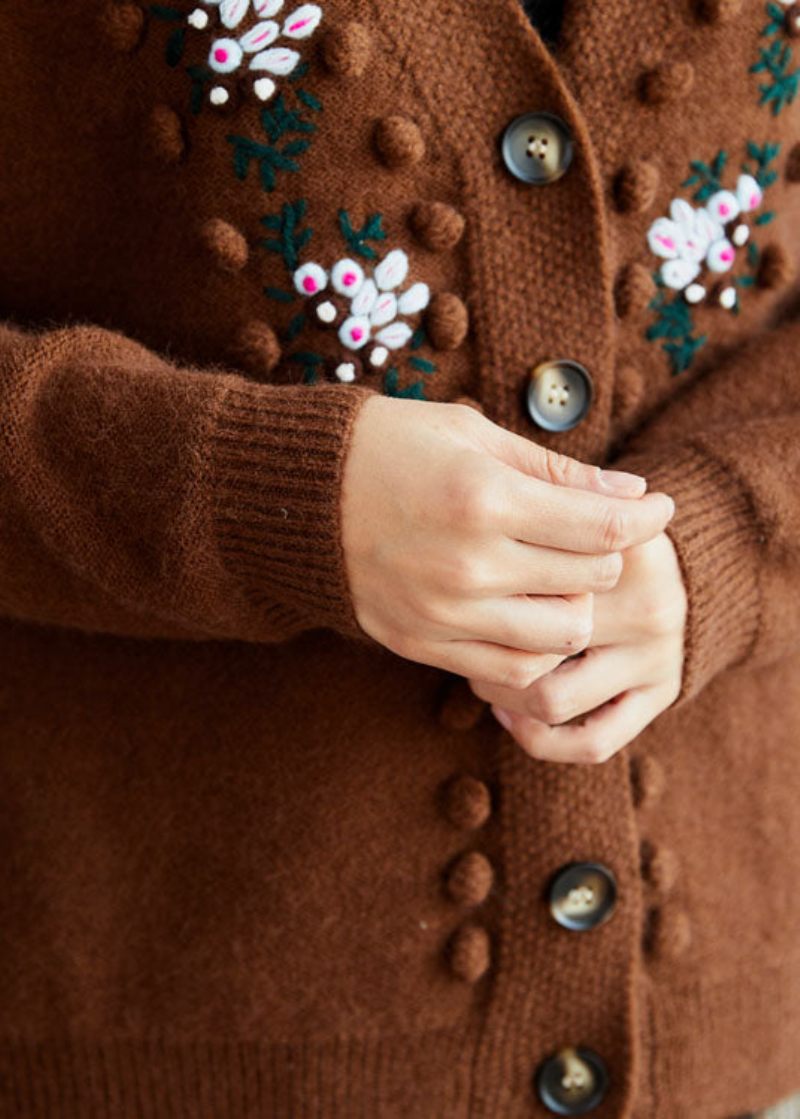 Monteret Chokolade Broderet Button Strik Trøjer Frakke Vinter - Dame cardigans